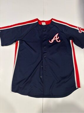 Mens Majestic Atlanta Braves MLB Jersey Red & Navy Pullover/ Estimated Large